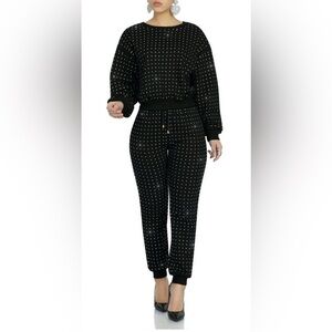 Kosmios Black Rhinestone Studded Two-Piece Sweatsuit | Top M / Pants L